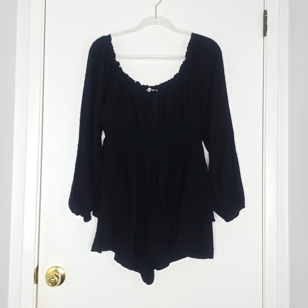 Black ruffle romper rayon off shoulder long sleaves, size xl